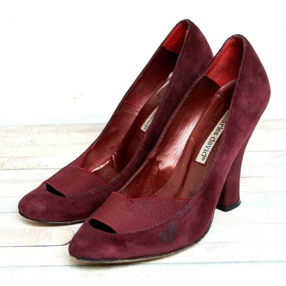 VTG CHARLES DAVID DARK RED GENUINE SUEDE LEATHER ELASTIC HIGH HEEL SHOES 6.5 B - Picture 7 of 12
